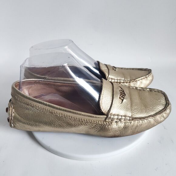 Coach Penny Loafers Size 7 Logo Leather Slip On Flats Napoleon Metallic Gold - Picture 2 of 10